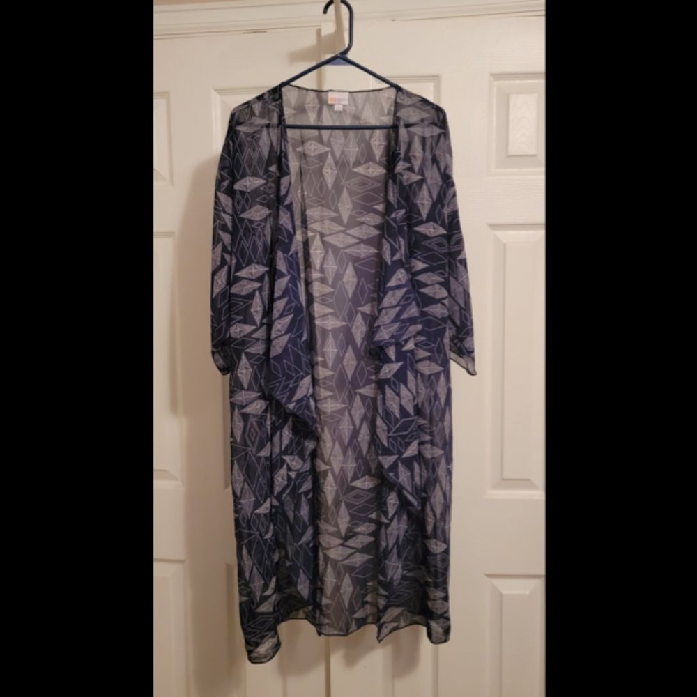 LulaRoe L Shirley Kimono  - Blue with White Diamonds